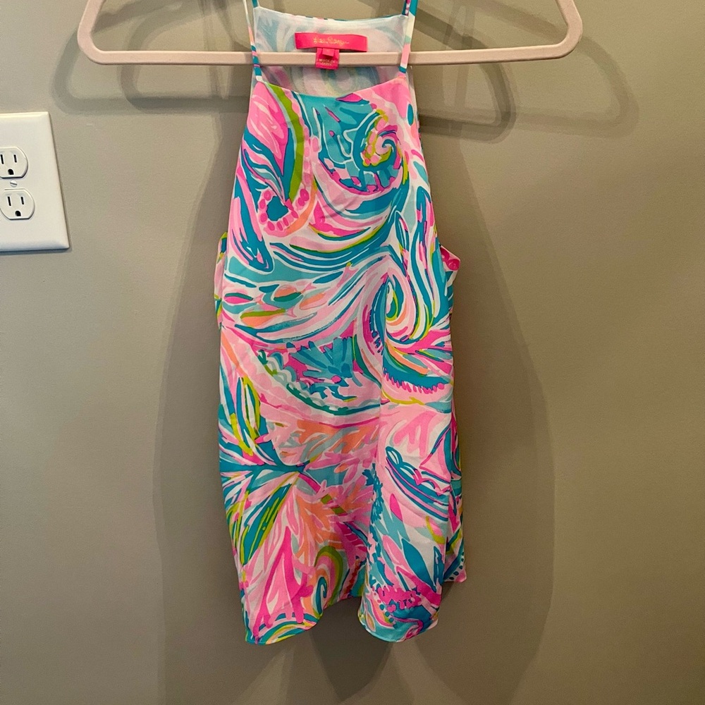 Lilly Pulitzer Rae 100% Silk Pink Blue Top Multi Color Carnivale Coral Sz Small